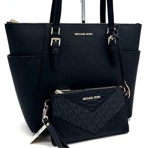 Michael Kors Large Charlotte Tote Bag & Large Double Zip Wallet Black (NWT) - Picture 1 of 13